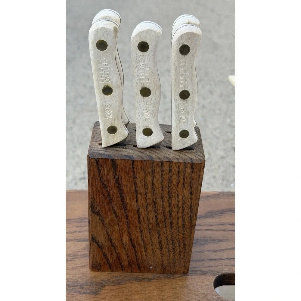 Chicago Cutlery Steak Knife Set 5 Pc w Wood Block Wood Handles‎ Vintage